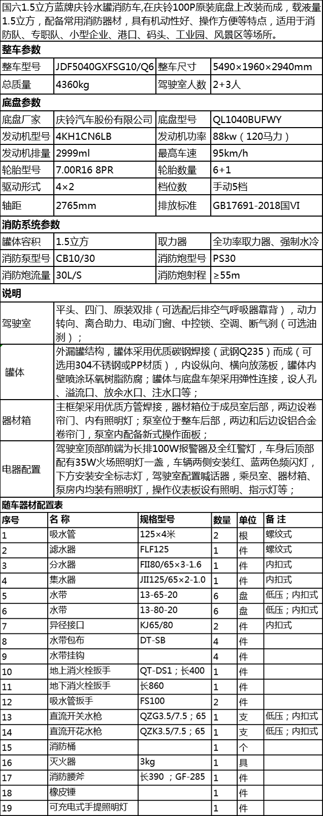 国六庆铃100P蓝牌水罐消防车